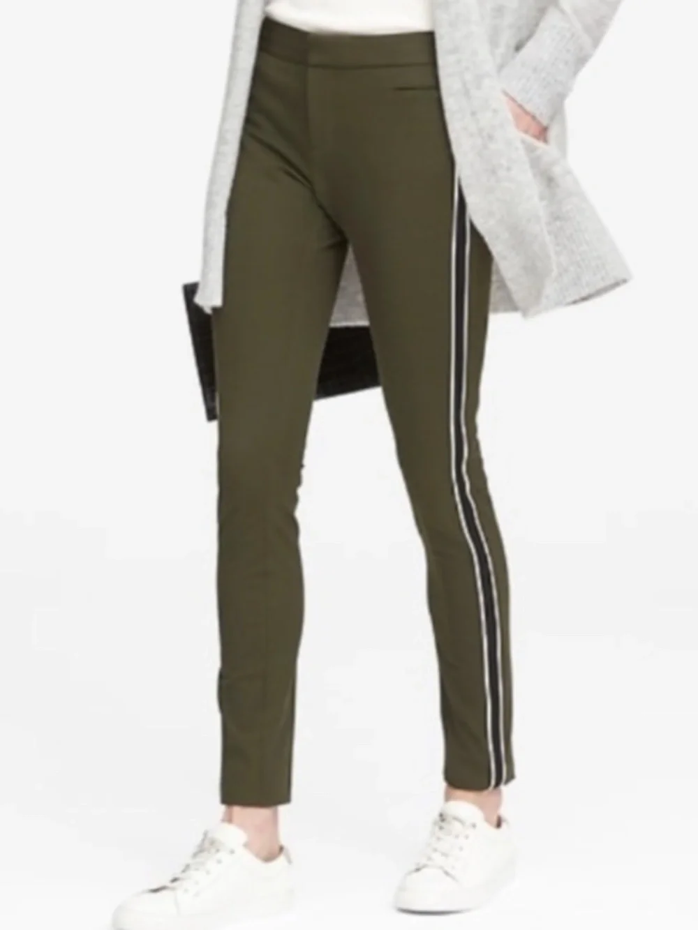 Banana Republic Sloan Tuxedo Stripe Olive Green Skinny Crop Pants Women's Size 0